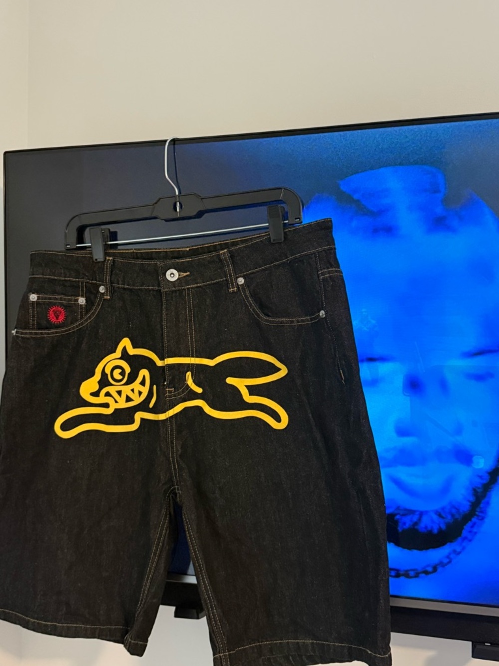 Billionaire Boys Club Black Denim Shorts with Yellow Rabbit Graphic